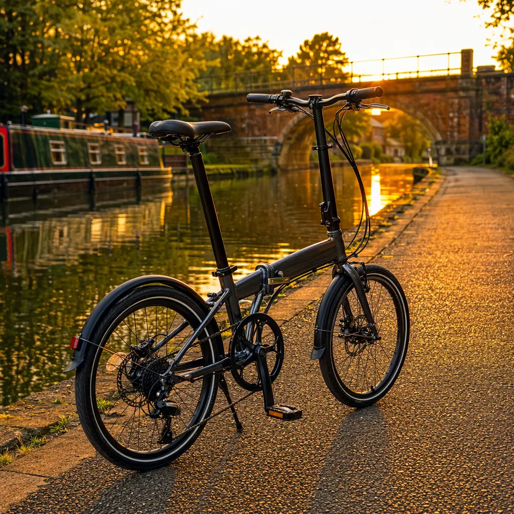 A folding bike beside a canal towpath in warm golden-hour light.