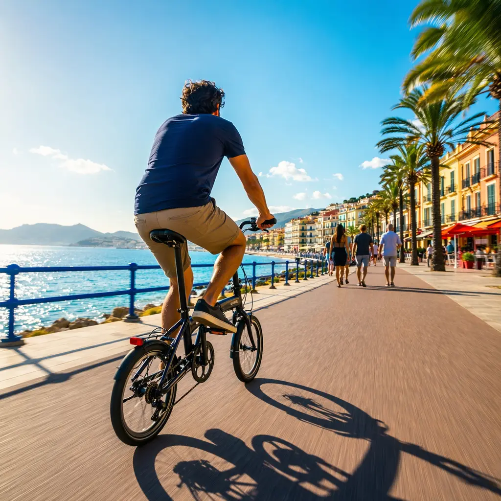 A folding bike being ridden along a bright, sunny seafront promenade.