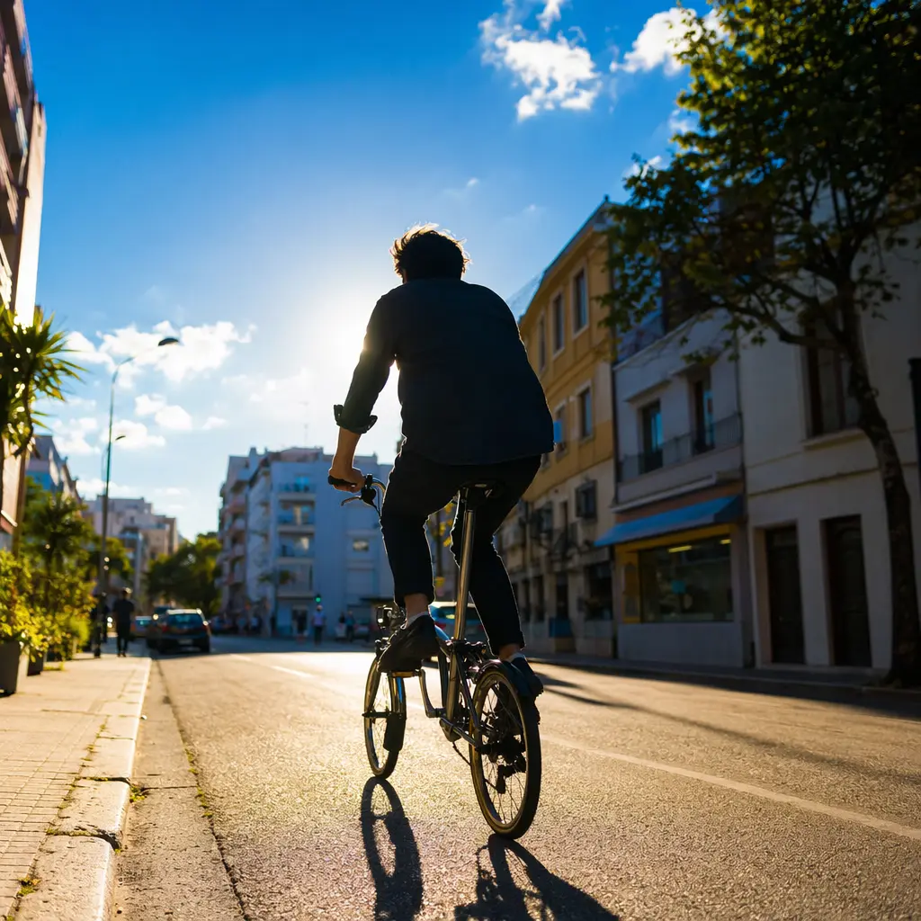 A folding bike being ridden on a bright, sunlit city street, shown from behind with strong summer light.