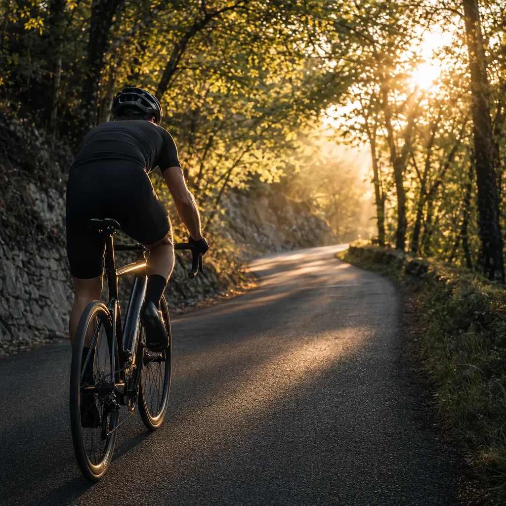 Road bike climbing a wooded lane in warm morning light