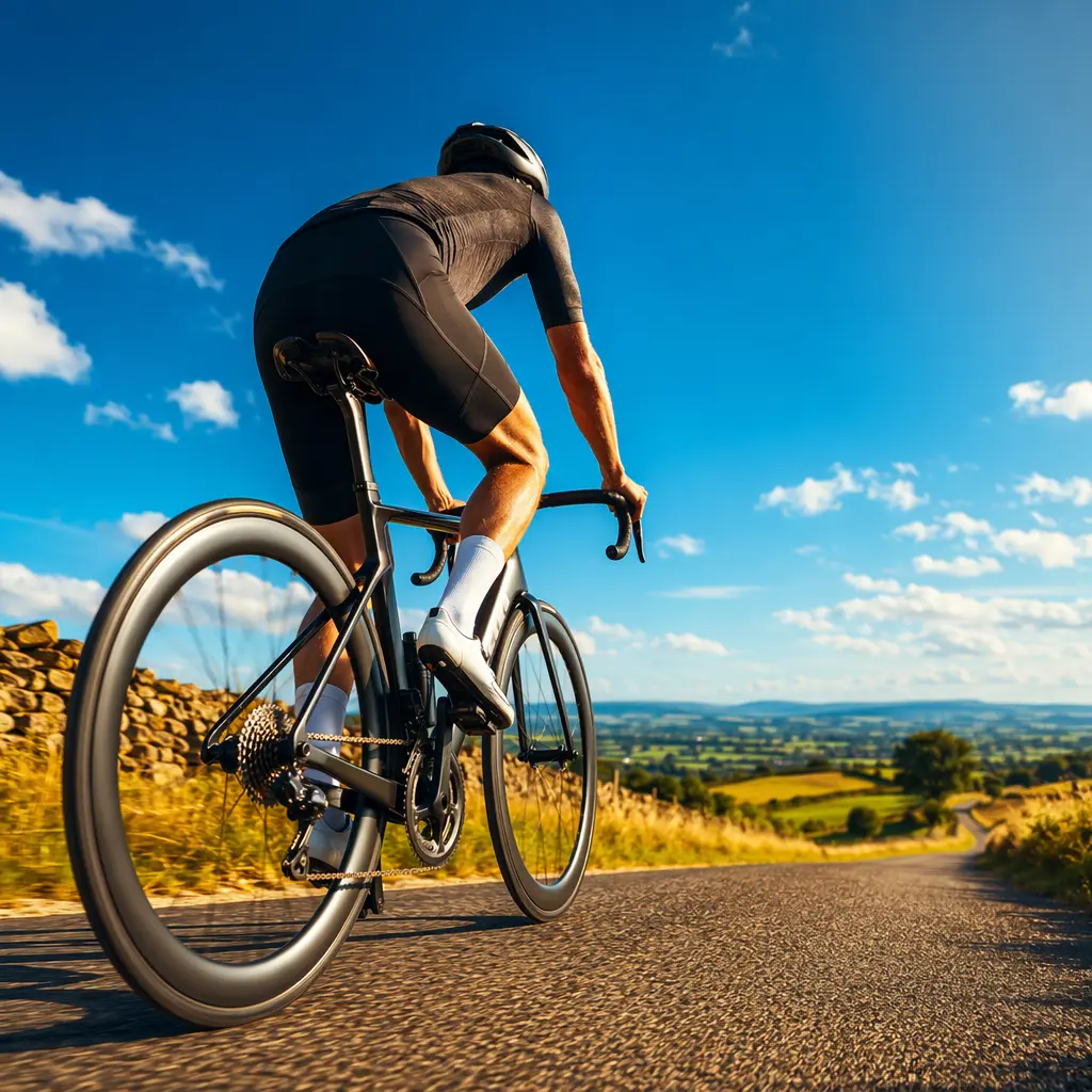 High-end road bike on a sunny country lane, set up for fast fitness riding