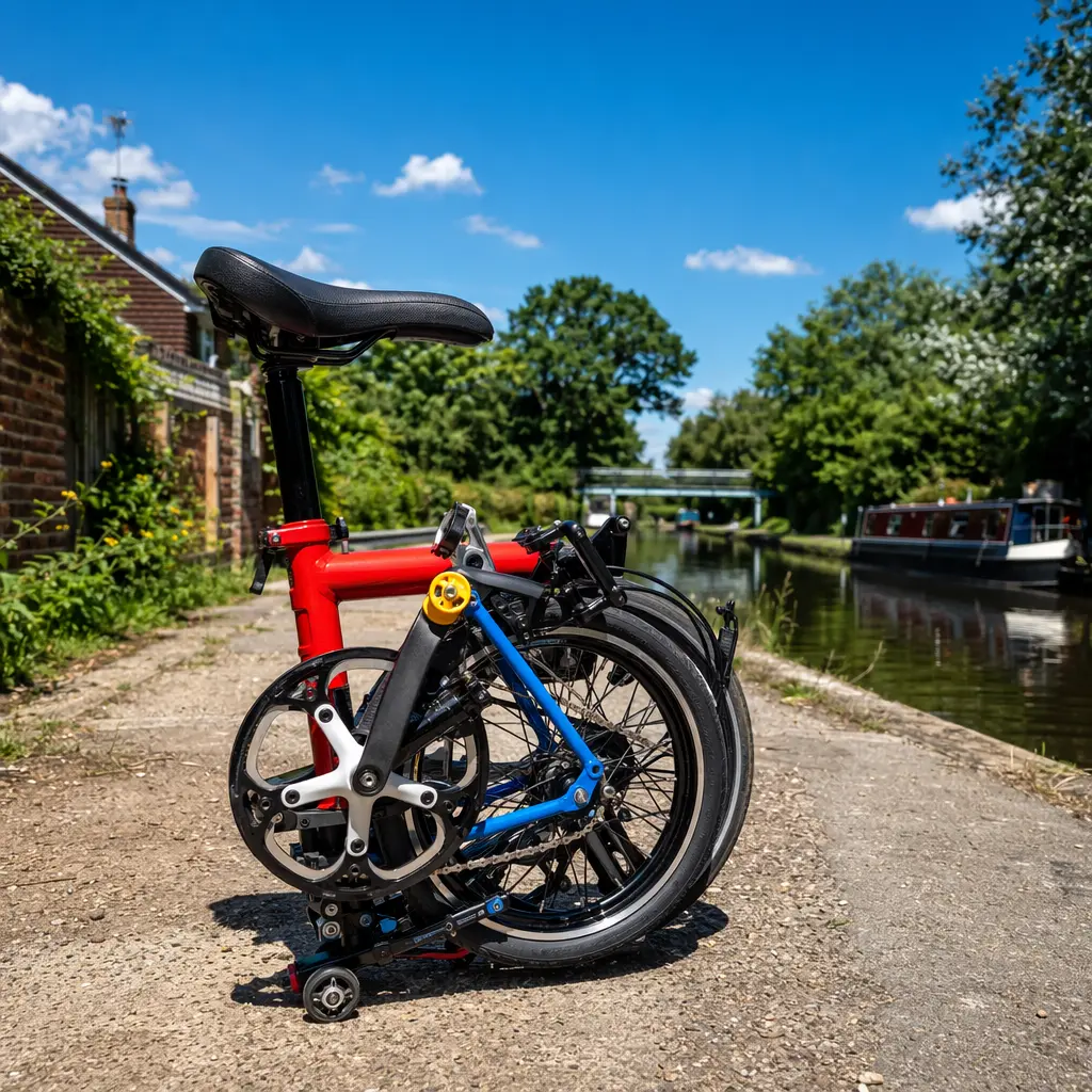 A folding bike being folded beside a sunny canal towpath