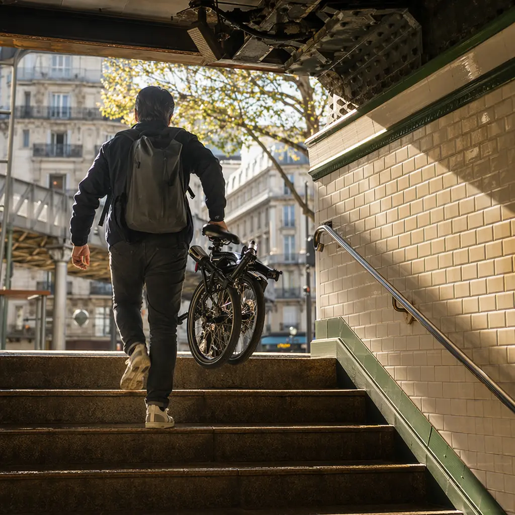 A folding bike carried in bright morning light at a station