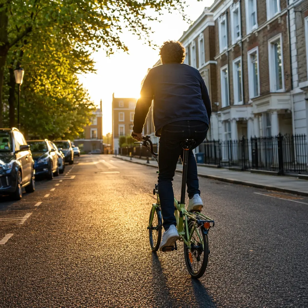 A folding bike on a bright city street, shown in warm golden-hour light