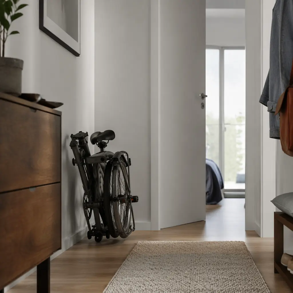 Folding bike stored in a small flat hallway