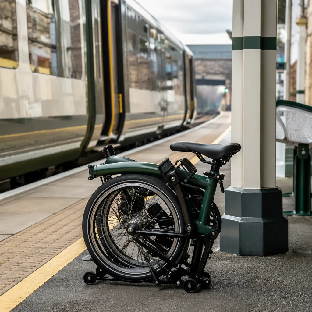 A folding bike folded down on a UK train platform