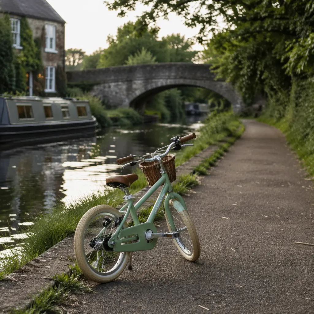 A child-sized pedal bike on a flat canal towpath, ideal for learning to ride
