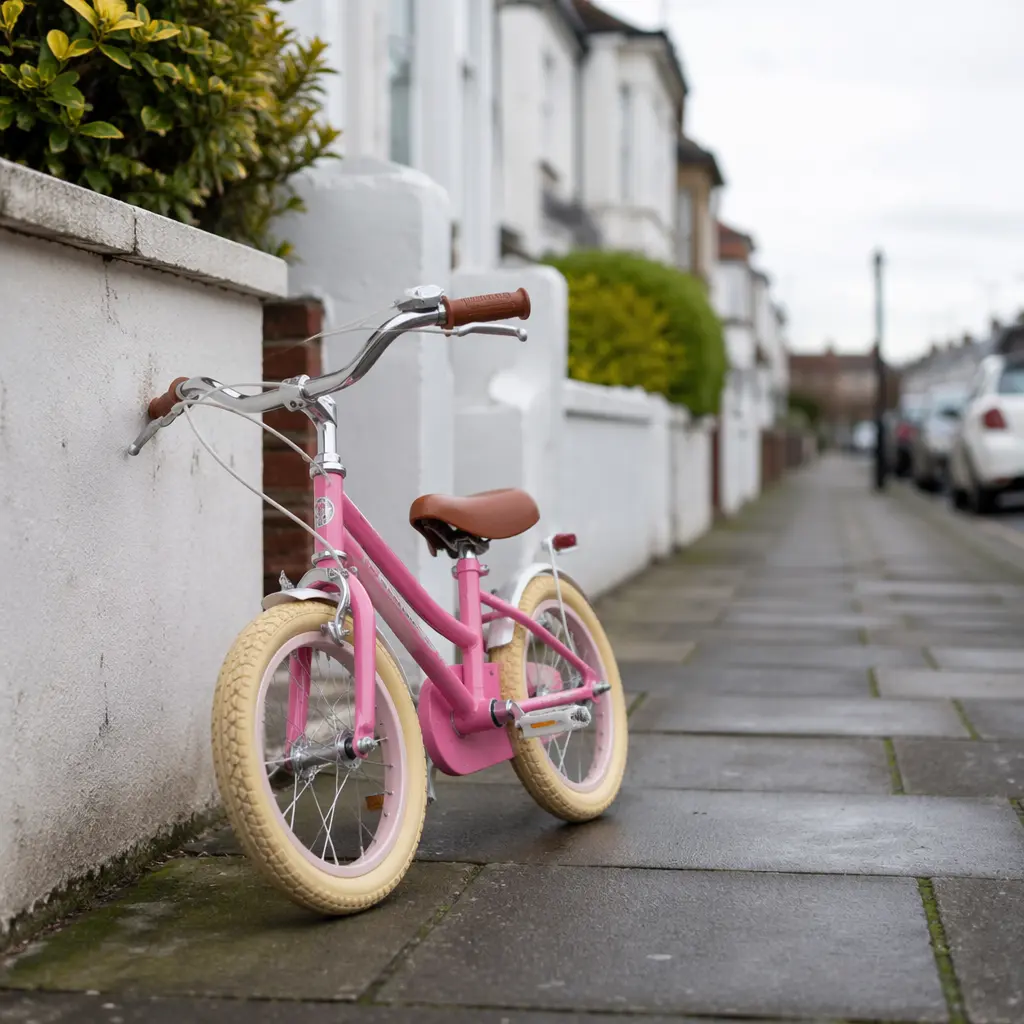 A children’s pedal bike on a quiet residential street, suitable for early practice