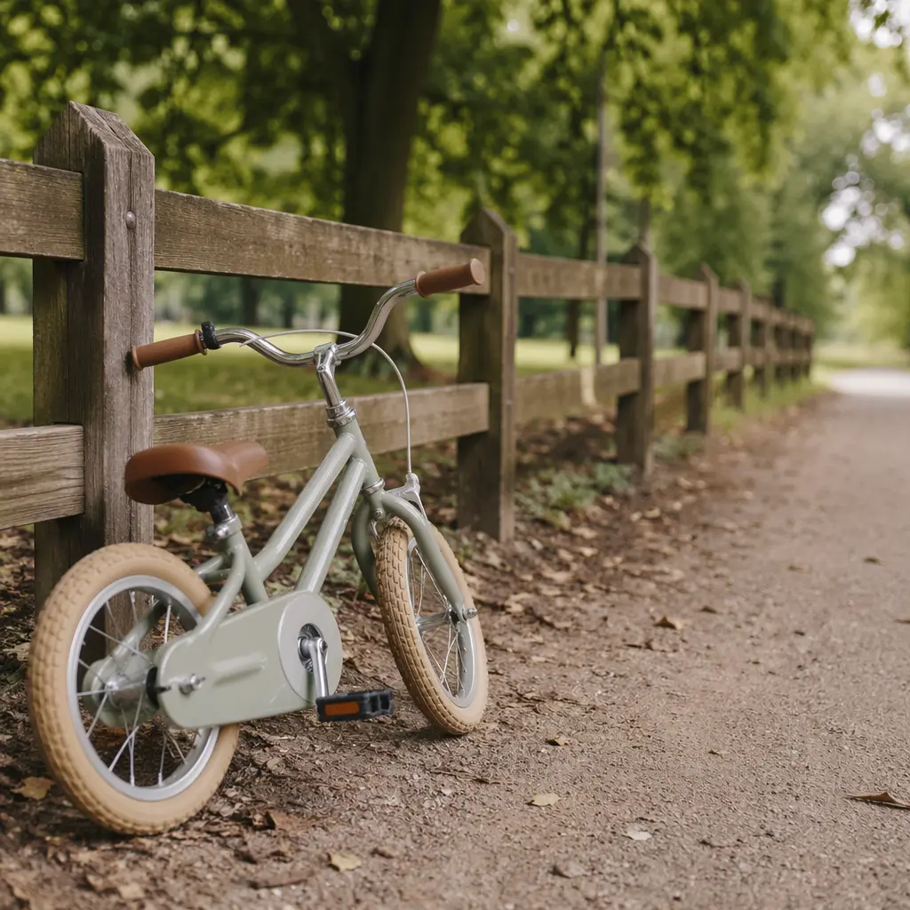 A small children’s pedal bike in a park setting, suitable for a first-time rider