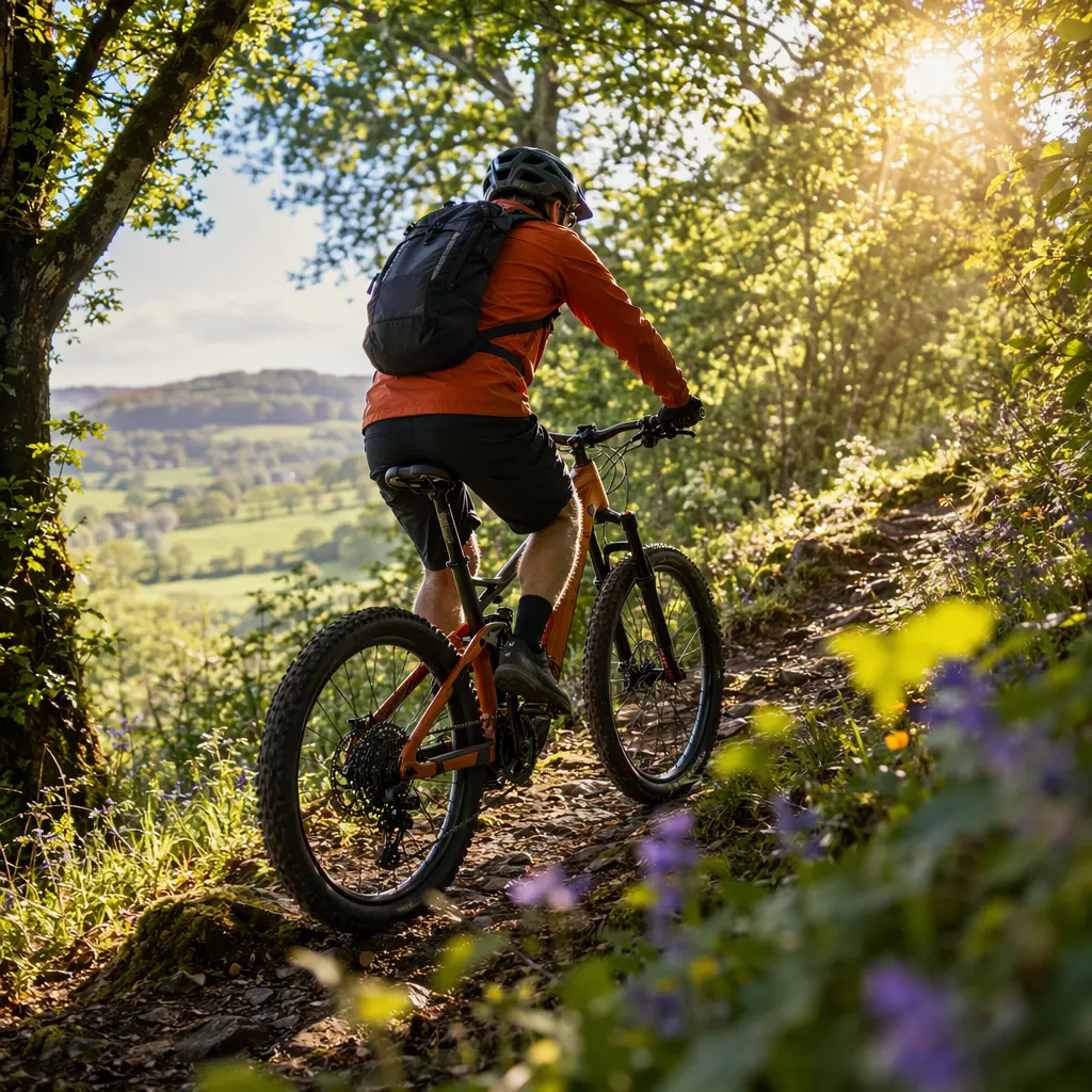 Electric bike riding through sunlit woodland in the UK
