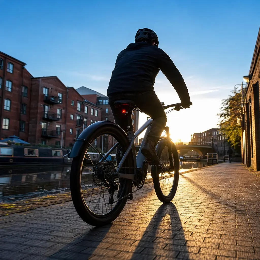 Silhouetted rider on an electric bike at golden hour on a UK canal path