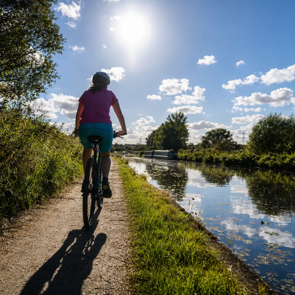 Silhouette of a cyclist riding a hybrid bike along a sunny canal towpath