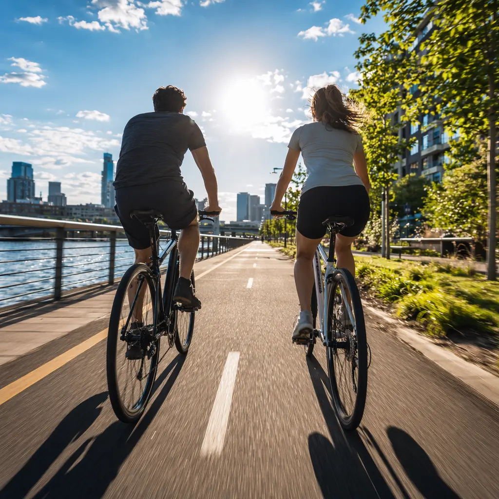 Two cyclists riding different hybrid bikes side by side in bright summer light