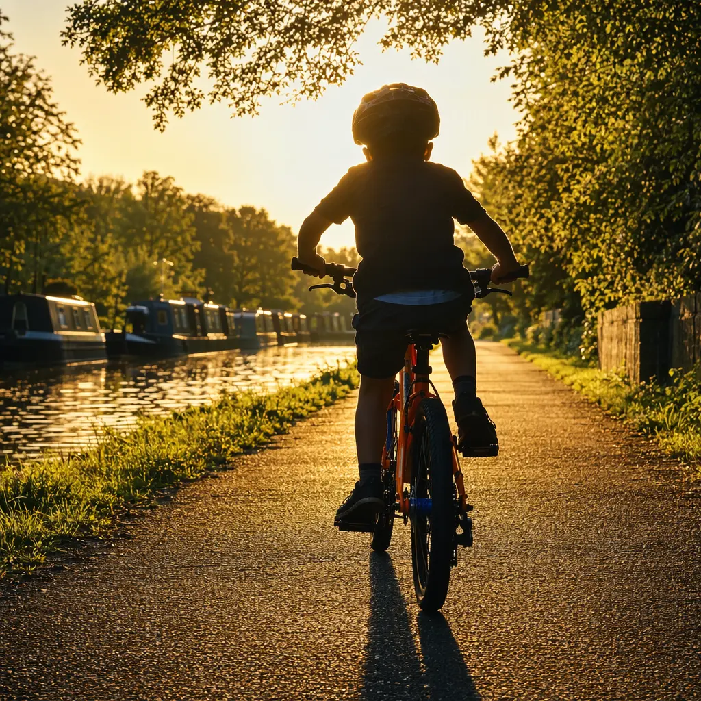 Child riding a bike along a canal path in warm evening light
