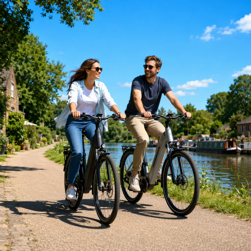 Two commuter e-bikes riding along a sunny canal towpath