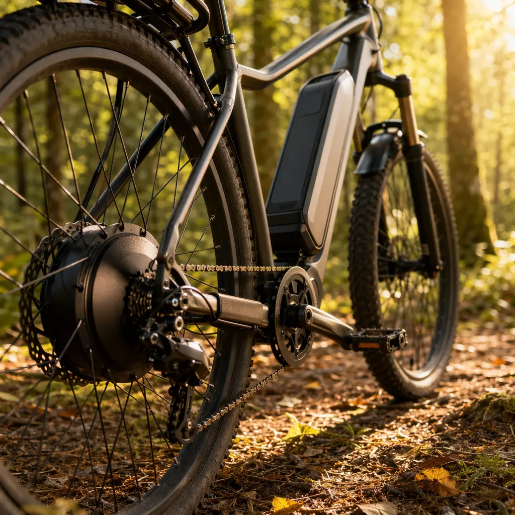 Close-up of an e-bike motor and battery in warm morning light