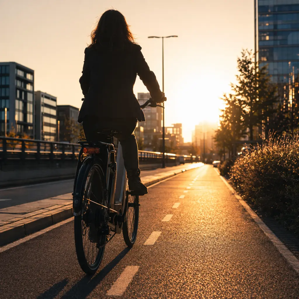 Silhouette of a rider commuting on an e-bike at golden hour on a UK city cycle lane