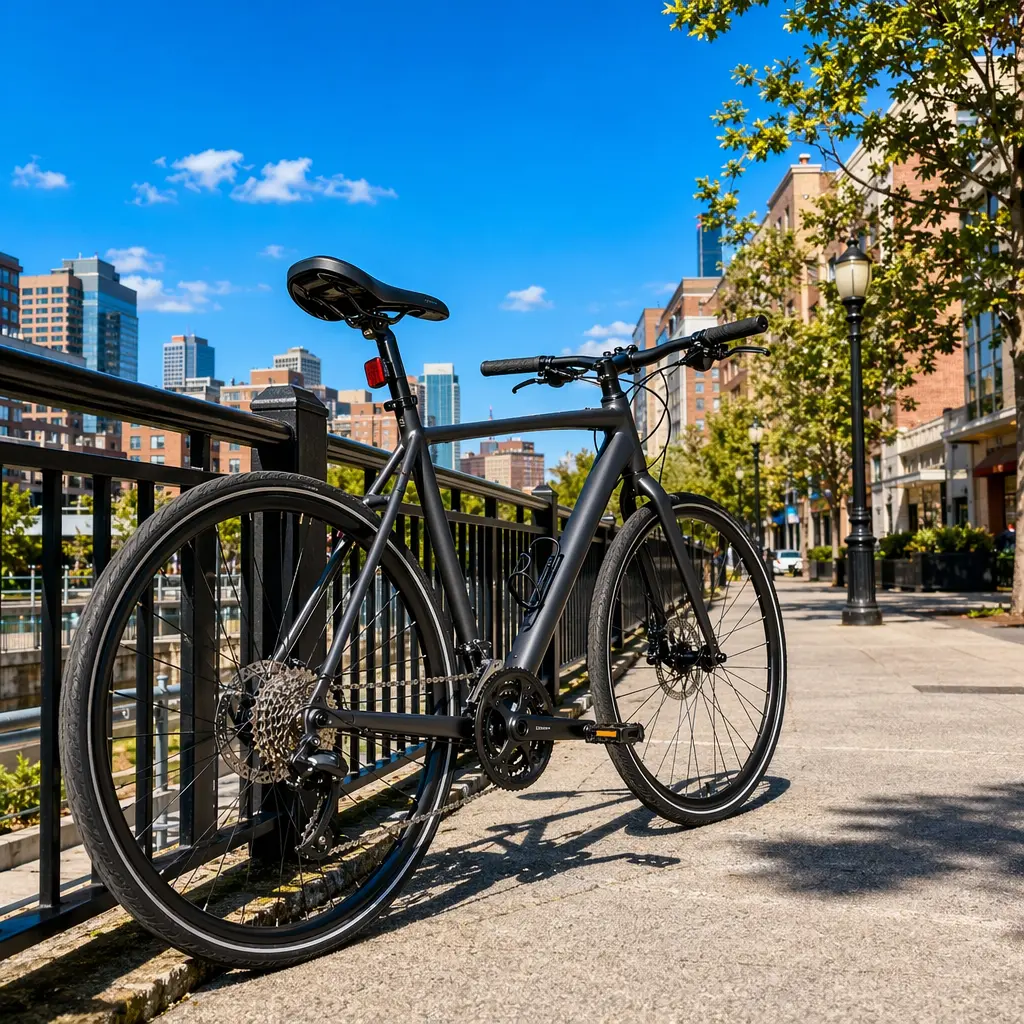 A premium hybrid bike photographed on a bright, sunlit city street