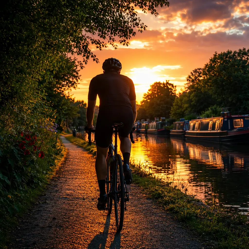 A rider on a high-end bike cycling along a canal towpath at sunset