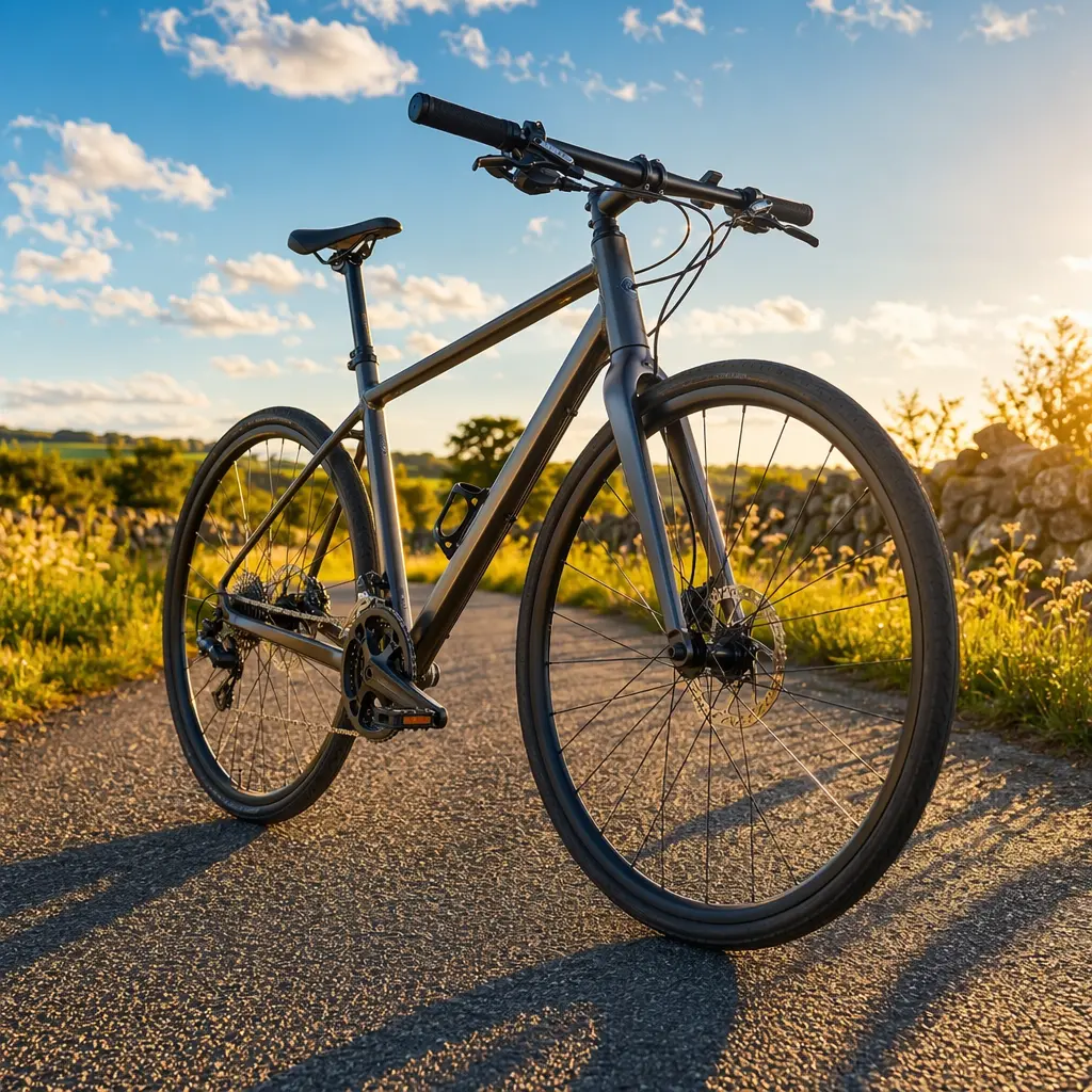 A high-quality hybrid bike on a country lane in warm golden-hour light