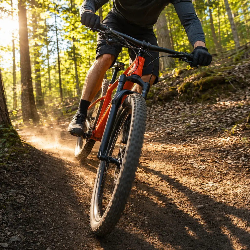 Modern trail hardtail riding woodland singletrack in warm morning sunlight
