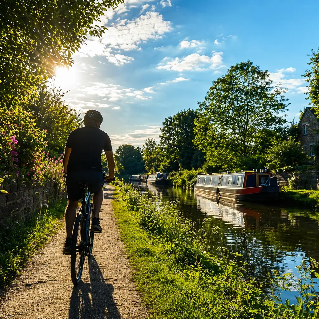 A flat-bar hybrid bike ridden along a sunny canal towpath, viewed from behind