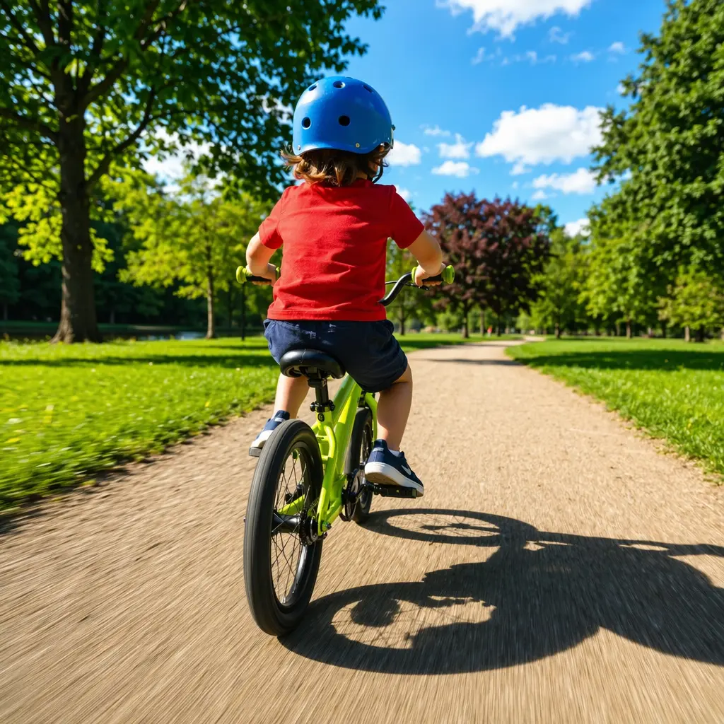 A lightweight children’s bike gliding along a sunny park path with a young rider from behind