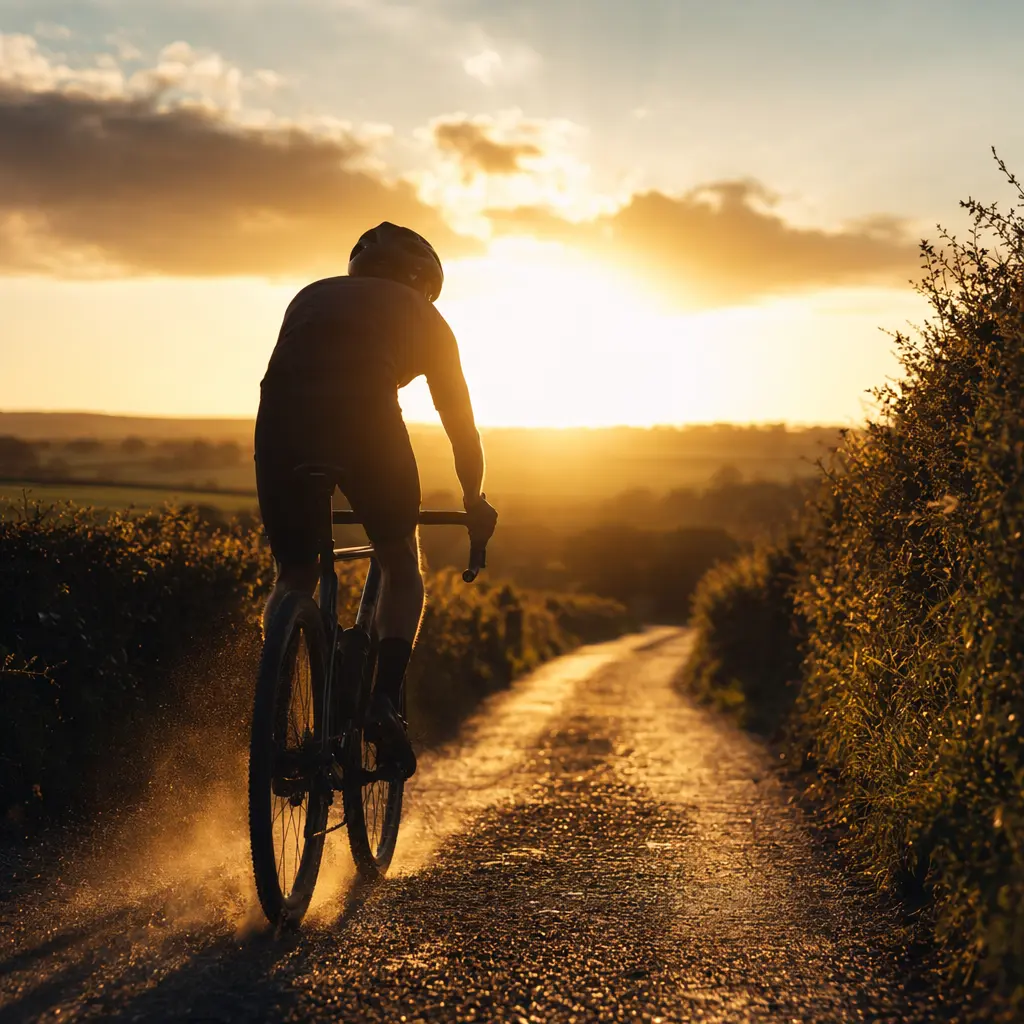 Silhouette of a gravel rider on a sunlit country lane at golden hour