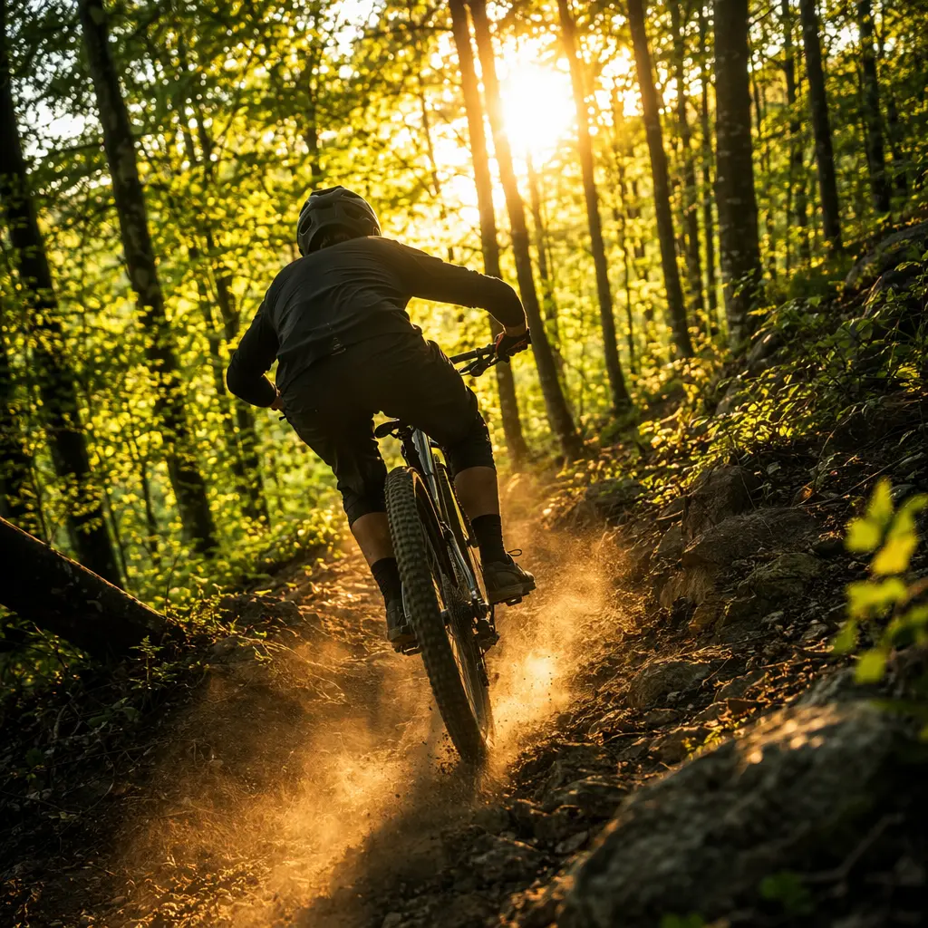 Rider on a hardtail mountain bike descending a woodland trail in warm sunlight