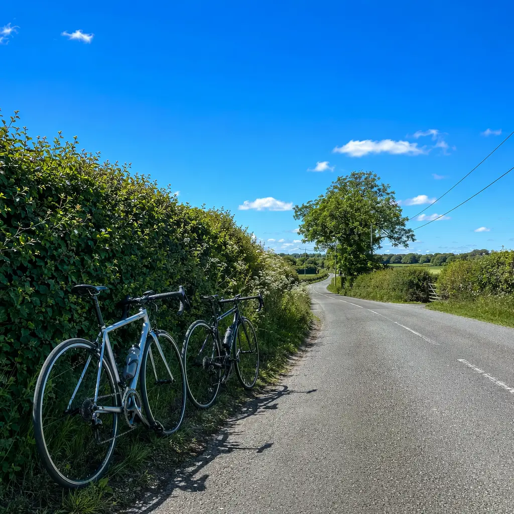 Two road bikes resting by a quiet rural road under a bright blue sky