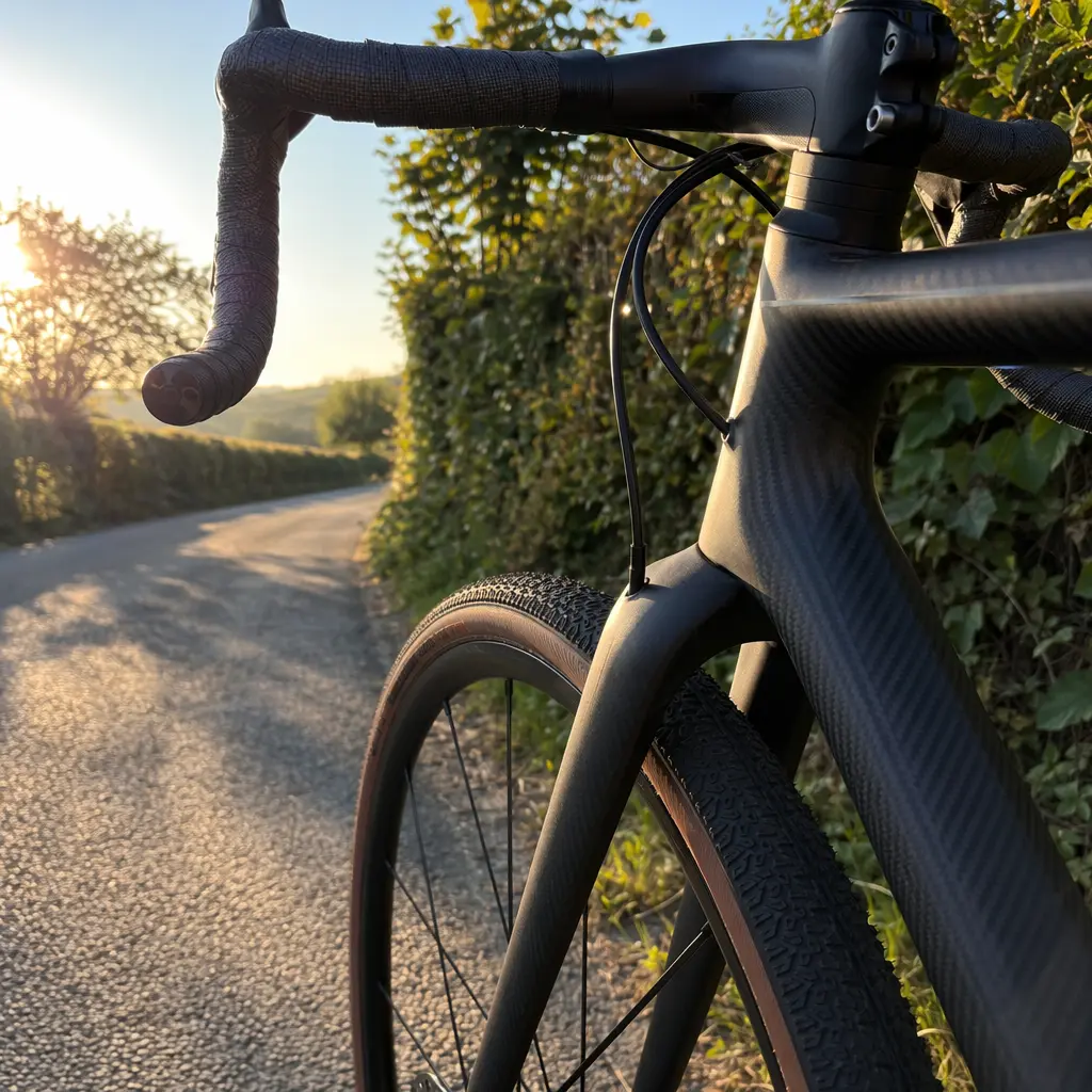 Close-up of a road bike fork, tyre and handlebars in warm morning light