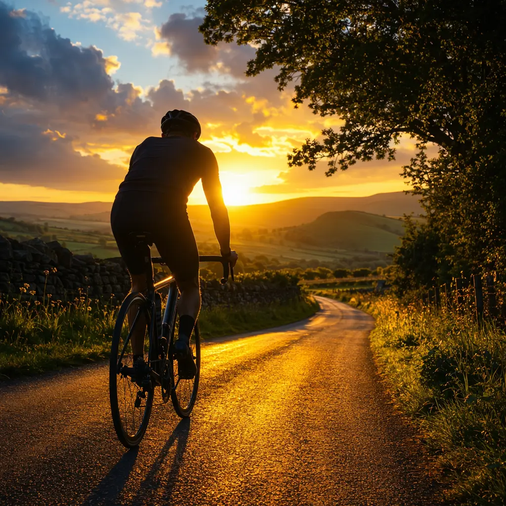 Silhouetted road cyclist riding a sunlit country lane at golden hour