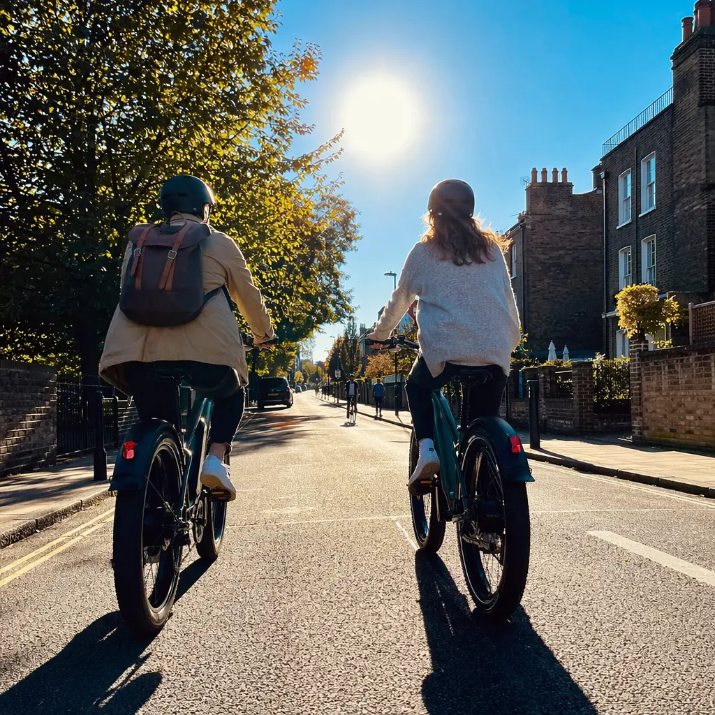 Two electric bikes being ridden on a sunny urban street, shown from behind