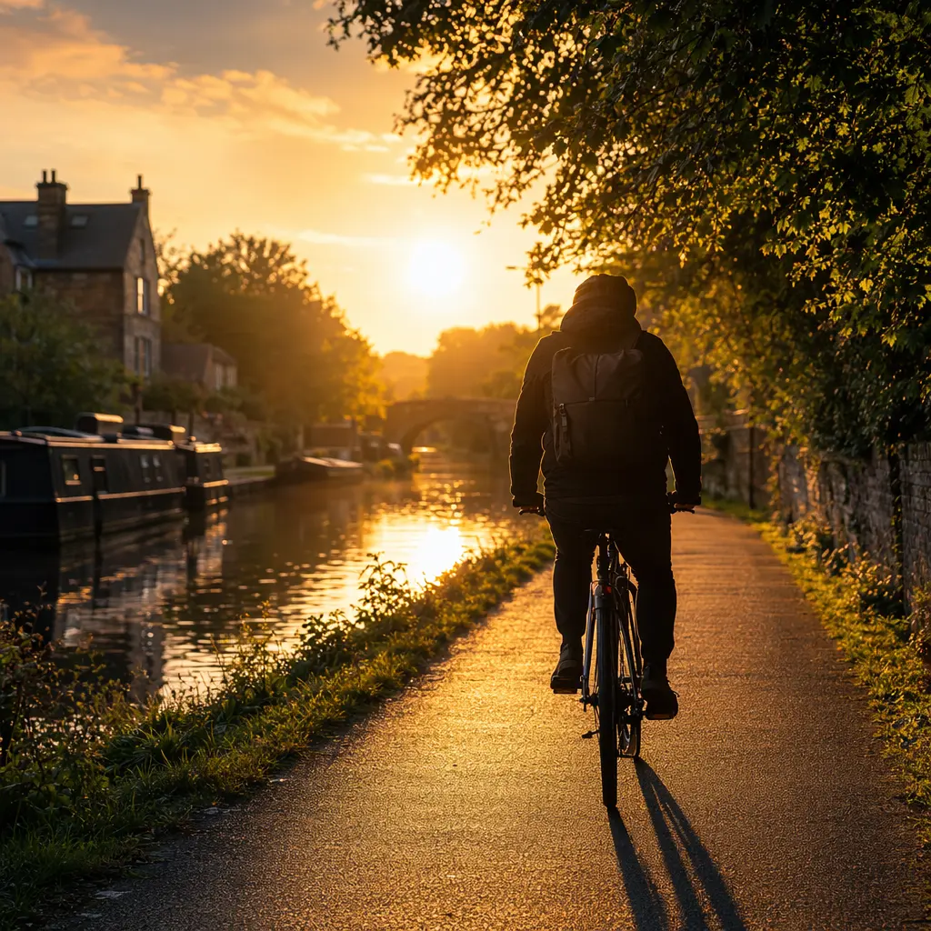 Silhouette of a cyclist riding a hybrid bike along a canal path in warm evening light
