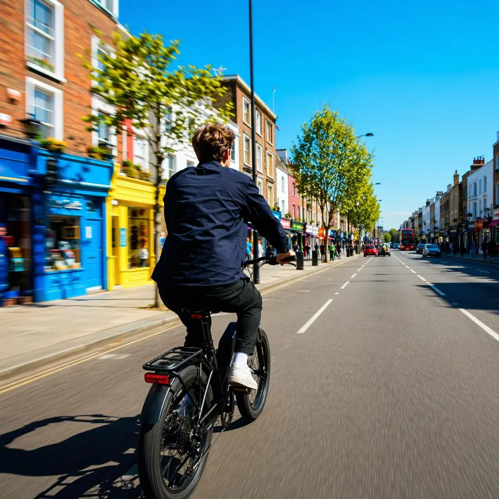 Rider on a budget electric bike cruising along a sunny, flat urban street