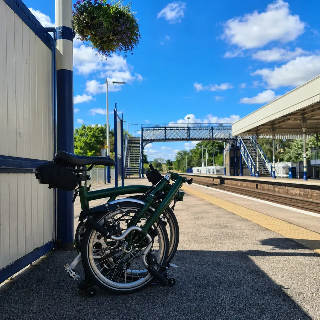 Compact folded bike on a sunny train platform under a bright blue sky