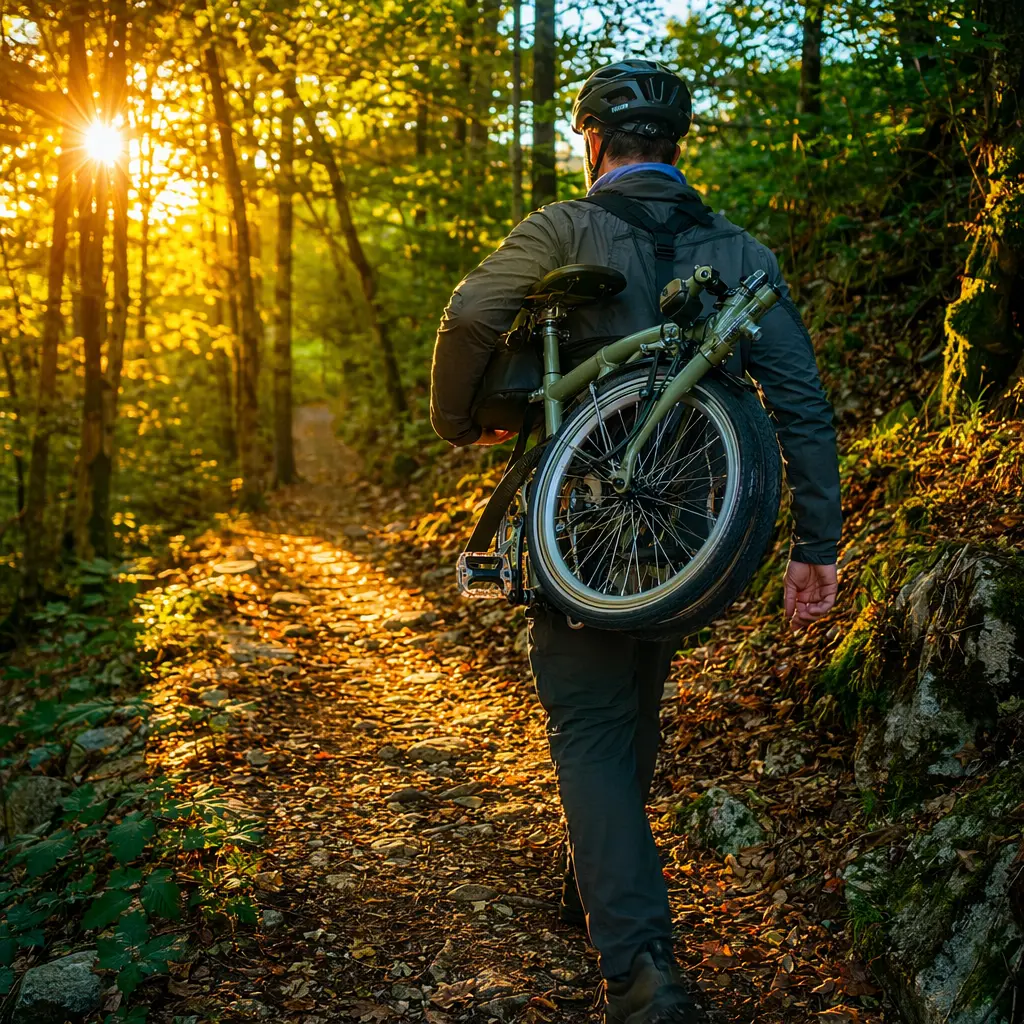 Folded bike being carried along a sunlit woodland path in the morning