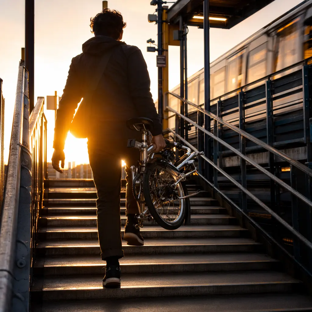Silhouette of a rider carrying a lightweight folding bike up station steps in warm evening light
