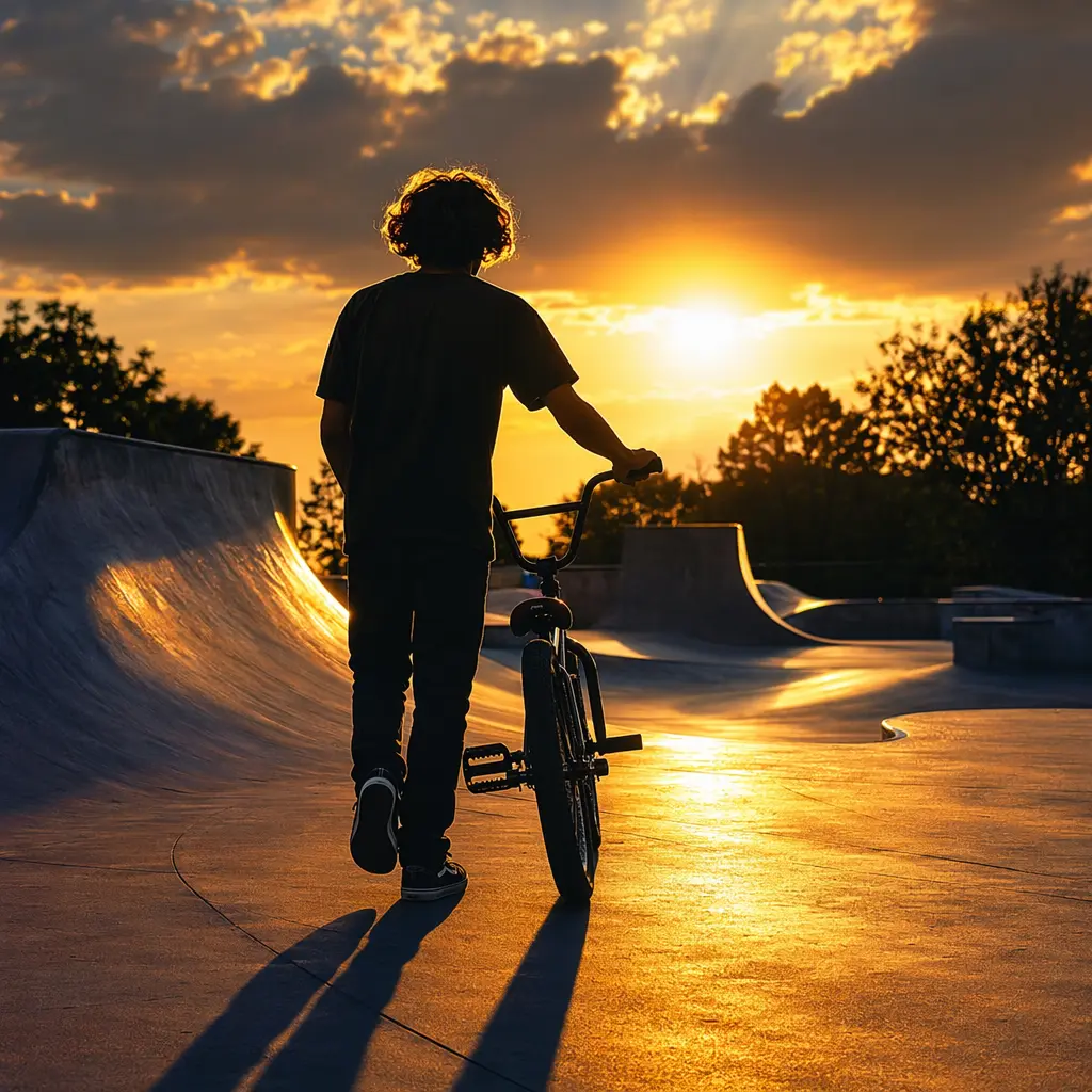 Silhouette of a BMX rider rolling through a sunlit skate park at golden hour