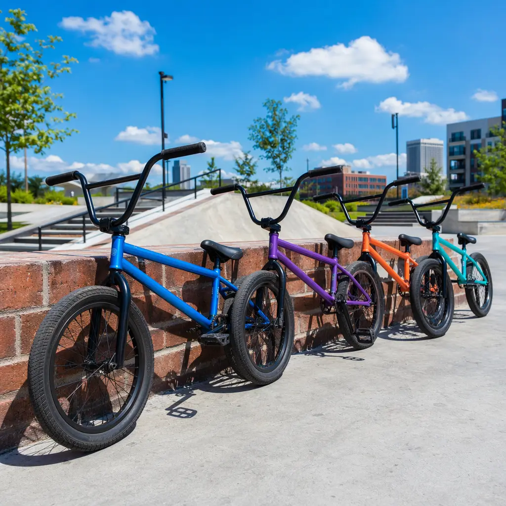 Affordable BMX bikes resting beside an urban skate spot under a bright blue sky
