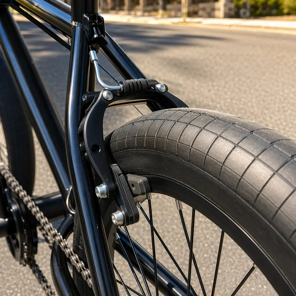 Close-up of a BMX rear brake and tyre in bright daylight