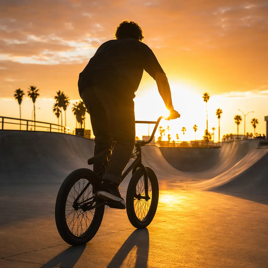 Silhouette of a BMX rider practising skills at a skatepark in warm golden-hour light