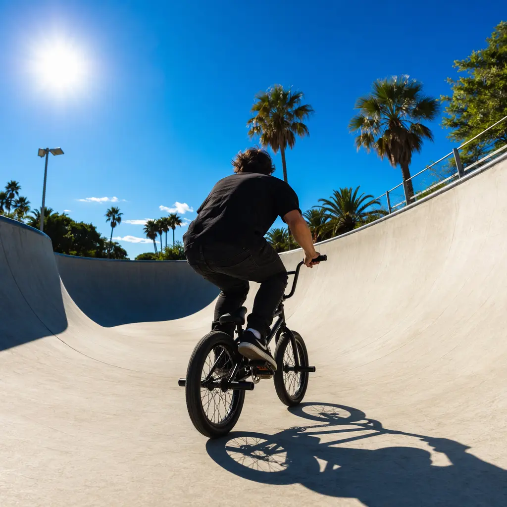 BMX bike in a skatepark under a bright blue summer sky