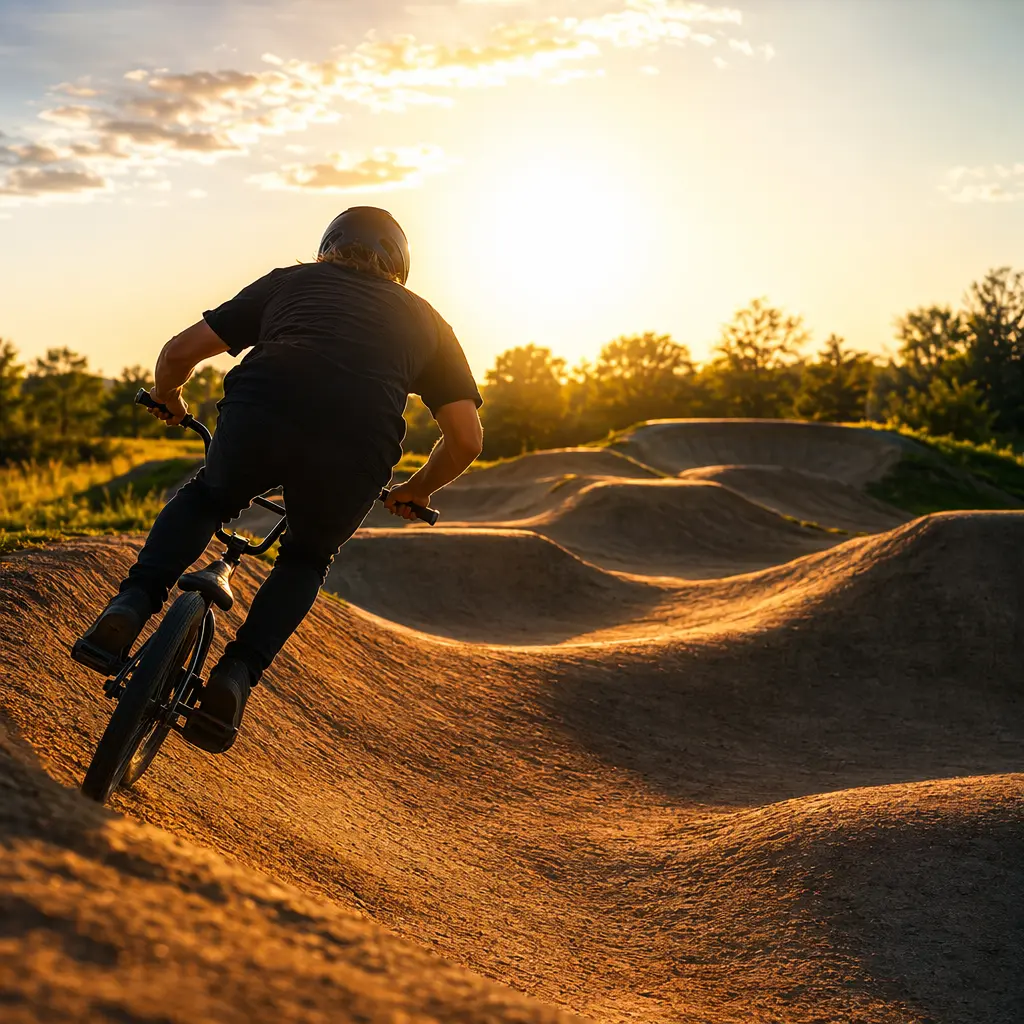 BMX bike ridden on a pump track in warm golden-hour light, rider seen from behind
