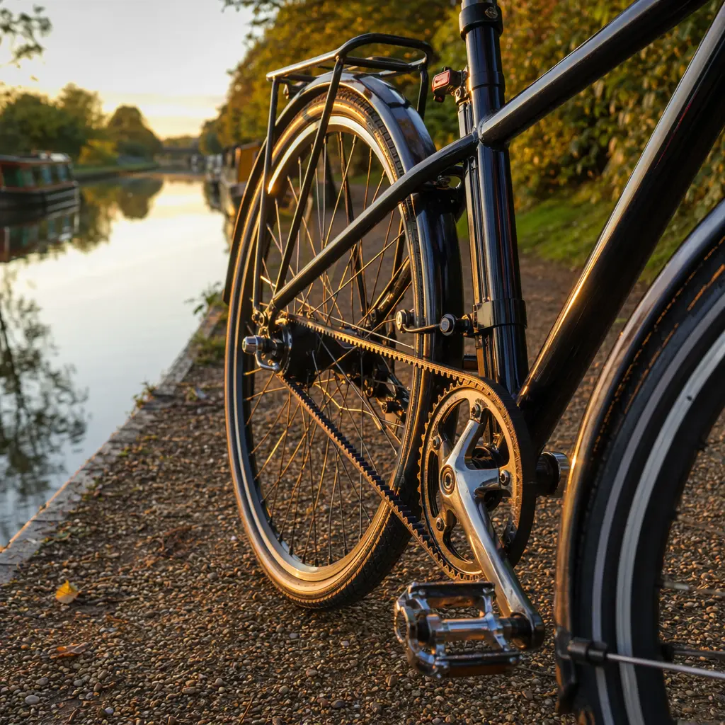 Close-up of a commuter bike drivetrain in warm golden-hour light on a canal towpath