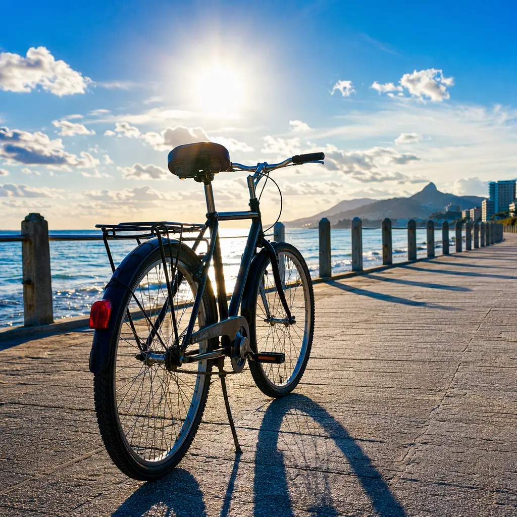 City commuter bike with mudguards and rack parked on a bright, sunlit seafront promenade