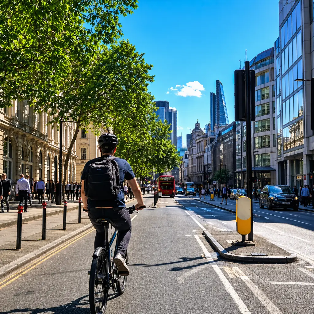 Low-maintenance commuter bike riding along a bright, sunlit city street in the UK