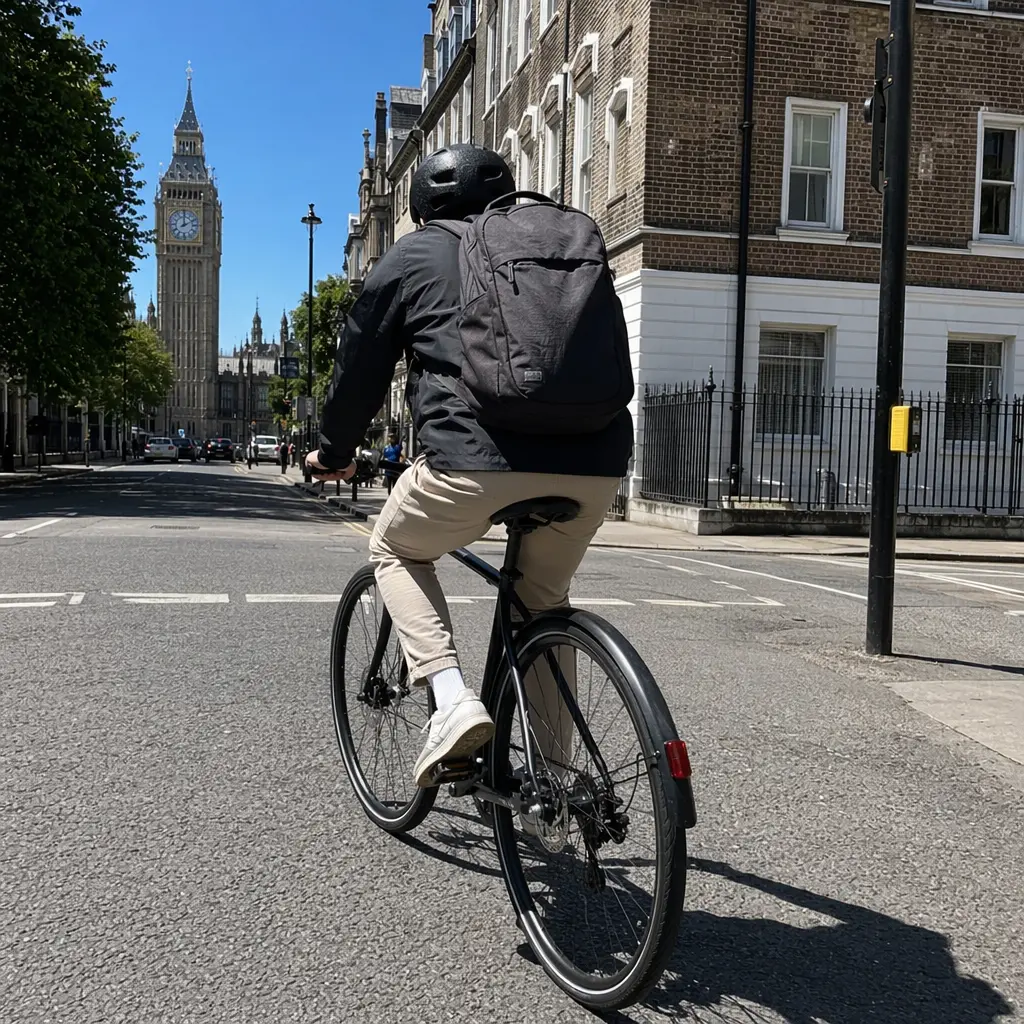 A simple commuter bike being ridden through a sunny city street