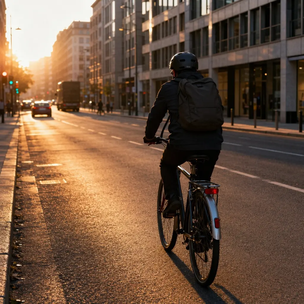 Commuter cycling through a sunlit city street at golden hour