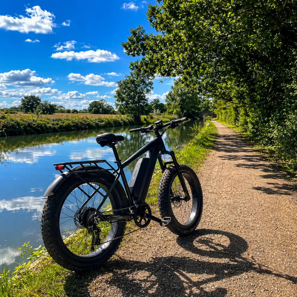 Electric bike with wide tyres beside a canal towpath in bright summer light.